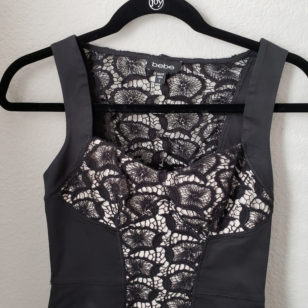 Bebe lace panel body con dress - size 0